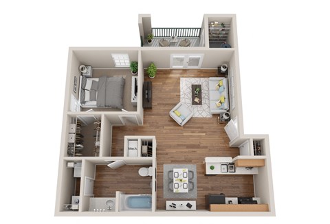 Floor plan for 1 bed, 1 bath, 958 sqft